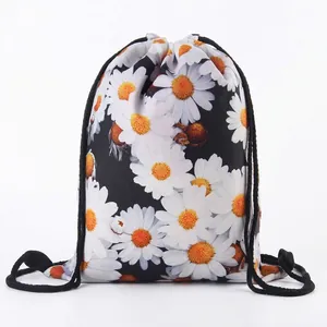 Daisy Floral Drawstring Backpack Polyester Waterproof Cinch Bag For Gym Travel School Sport Storage Casual For Women Men