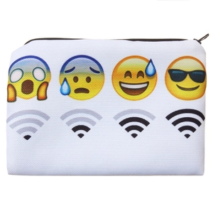 Detail of square makeup bag featuring emoji prints and black metal zipper closure