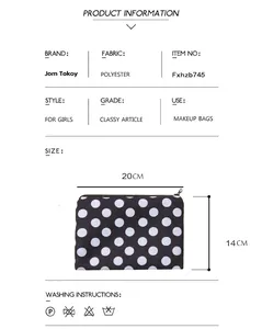 3D black and white polka dot makeup bag with zipper closure and 20x14cm size guide