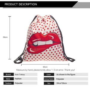 Detailed view of red lips print drawstring bag showing dimensions 39cm by 30cm