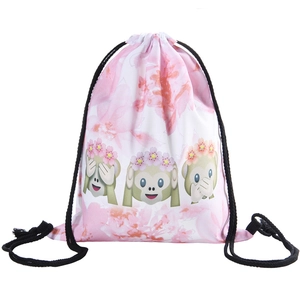 Detail of drawstring bag with 3D pink floral wreath and cartoon monkey prints