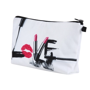 Detail view of canvas makeup bag with creative LOVE print and durable zipper closure