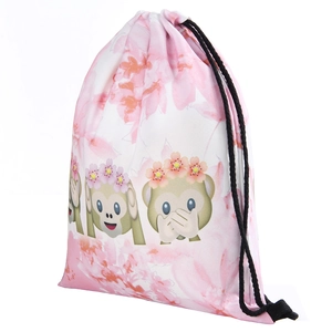 3D pink monkey floral wreath printed drawstring bag with three wise monkeys theme