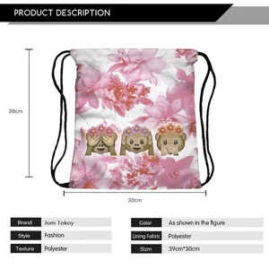 Drawstring backpack with pink floral wreath and three monkeys 3D print 39x30cm