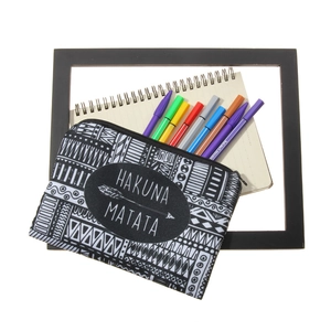 3D black and white pattern Hakuna Matata makeup bag with colorful markers inside