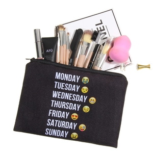 Trousse de maquillage en toile noire avec imprimés jours de la semaine et emojis