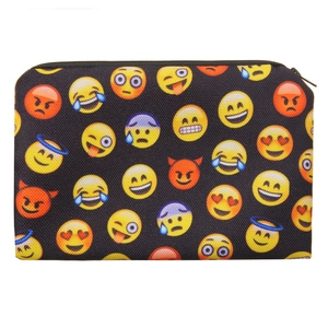 Detailed close-up of square makeup bag featuring vibrant 3D emoji prints and black zipper