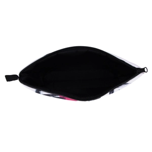 Multipurpose makeup bag with pink and black abstract brush stroke print and black lining