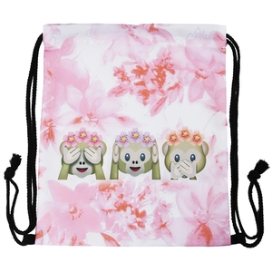 Drawstring backpack with pink floral wreath and three cartoon monkeys 3D print
