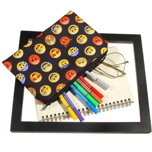 Black canvas cosmetic bag with 3D emoji prints and large storage for markers