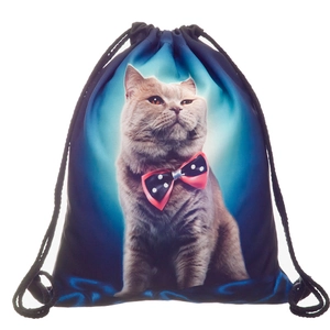 Sac à dos à cordon avec imprimé chat gris haute définition et nœud papillon à pois roses