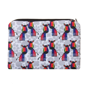 Flat view of a gray floral makeup bag featuring a rainbow zebra print and black zipper