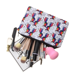 3D zebra print makeup bag with various cosmetic brushes and lipstick accessories