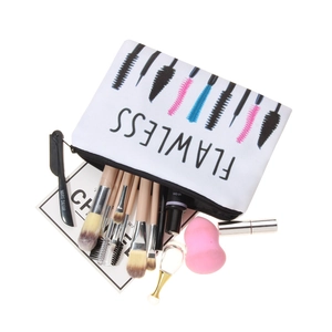White canvas makeup bag with 3D mascara print and Flawless art text with black zipper