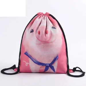 Sac à Cordon Imprimé Numérique Motif Cochon de Dessin Animé en Polyester Léger Sac de Rangement Voyage Pour Femmes Enfants