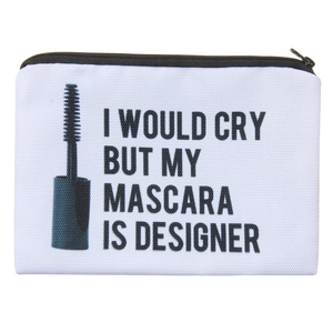 Detail of canvas makeup bag with mascara slogan print and sturdy black zipper closure