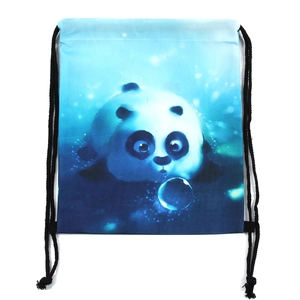 Detail of cute digital panda print on navy blue drawstring backpack with bubble pattern