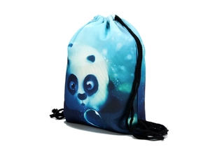 Blue gradient drawstring backpack with cute panda digital print and black thick cords