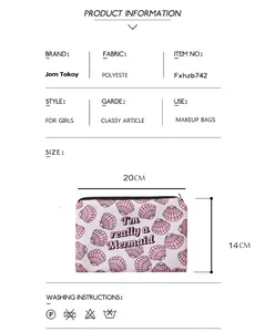 Mermaid shell makeup bag in pink polyester showing product dimensions and scale