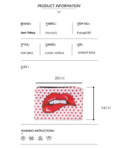 Red lips print cosmetic bag in red white polka dots polyester with zipper closure