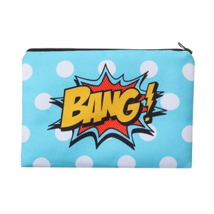 Close-up of 3D print cosmetic bag with yellow BANG! bubble on blue polka dot canvas