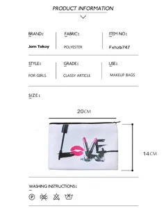 3D LOVE print polyester cosmetic bag with lipstick pattern, size 20x14cm for travel makeup