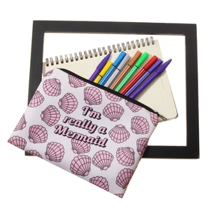 Mermaid shell print makeup bag with 'I'm really a Mermaid' text and black zipper