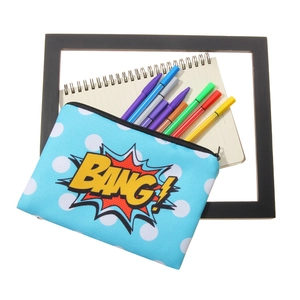 3D printed Bang cartoon makeup bag in blue polka dot canvas with a durable metal zipper