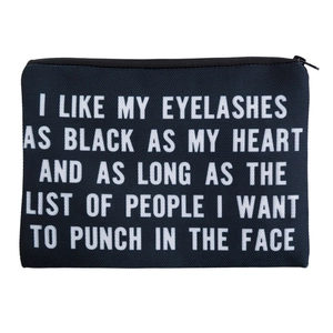 Trousse à maquillage portable en toile noire avec texte blanc et fermeture éclair