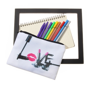 White canvas LOVE makeup bag with 3D print and cosmetic motifs for travel storage