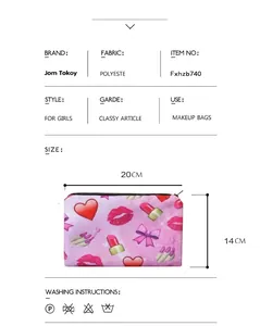 Polyester makeup pouch with red heart and lipstick prints for women 20x14cm size