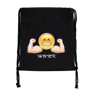 Black drawstring backpack with 3D hunk emoji print and muscle arm graphic for gym travel