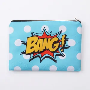 Women Pop Art BANG Print Makeup Bag Sky Blue Polka Dot Polyester Cosmetic Bag Portable Travel Toiletry Storage Pouch Case