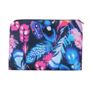 3D Printed Colorful Feather Pattern Makeup Bag Polyester Cosmetic Organizer For Women Travel Toiletry Clutch Bag Storage Pouch