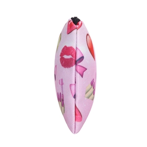 Pink cosmetic pouch with lipstick and heart patterns, featuring a black zipper closure