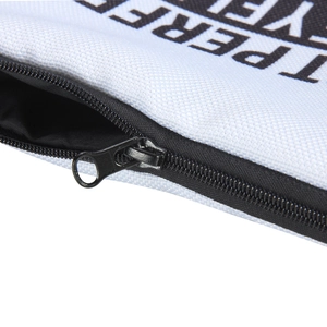 Minimalist white canvas square cosmetic bag with bold 3D printed text and black zipper