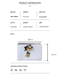 White polyester makeup bag with 3D cat print and zipper closure, size 20x14cm