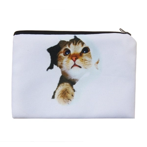 Detailed view of 3D cat print cosmetic bag with high-quality zipper on white canvas