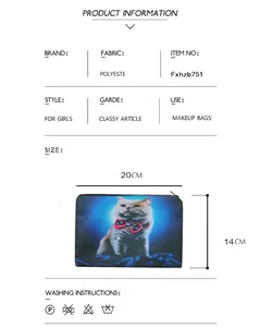 3D printed cat makeup bag in polyester with bow tie design, size 20cm x 14cm