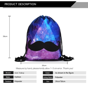 Galaxy print drawstring backpack featuring a black mustache pattern and 3D starry sky design