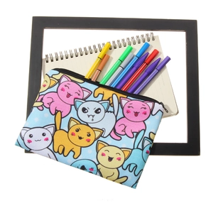 Cute 3D cartoon cat print makeup bag and stationary pouch with multiple colorful pens