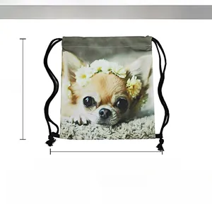 Detail showing printed Chihuahua drawstring bag dimensions 39x30cm made of polyester fabric