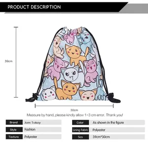 3D cartoon cat print drawstring backpack made of durable polyester material for storage