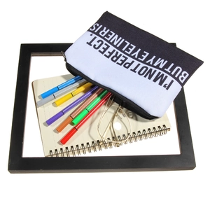 3D printed black and white canvas makeup bag with I'M NOT PERFECT EYELINER slogan