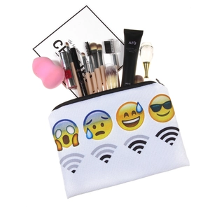 Funny Emoji and Wi-Fi print white canvas makeup bag showing spacious interior storage