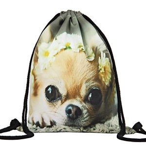 Detail of drawstring bag featuring a realistic Chihuahua print with a floral wreath crown
