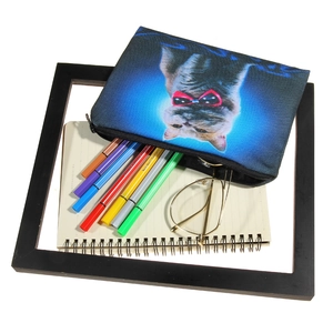 3D printed cat pencil case with heart glasses shown with pens and notebook