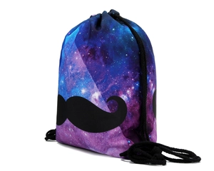 Detail of 3D galaxy print drawstring bag featuring a bold black mustache graphic