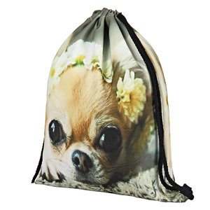 Canvas drawstring backpack with floral chihuahua print and black thick ropes