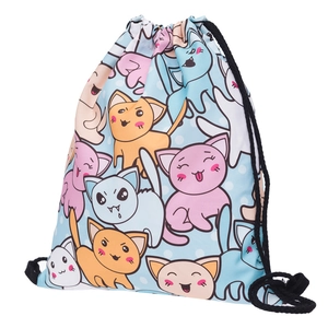 3D cartoon cat print drawstring backpack with polka dots on light blue polyester fabric